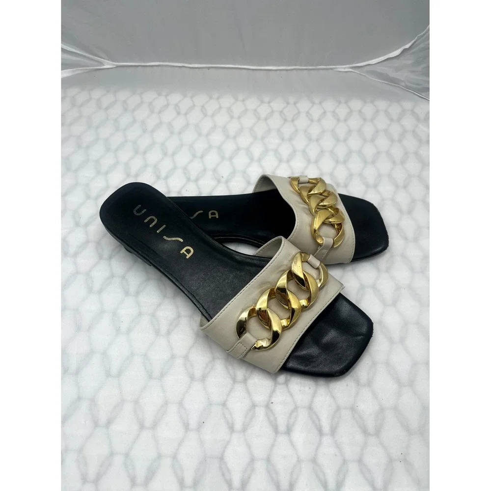 UNISA Women's Slide 8M Beige Gold Chain Faux Leather Square Toe Slip On Sandal